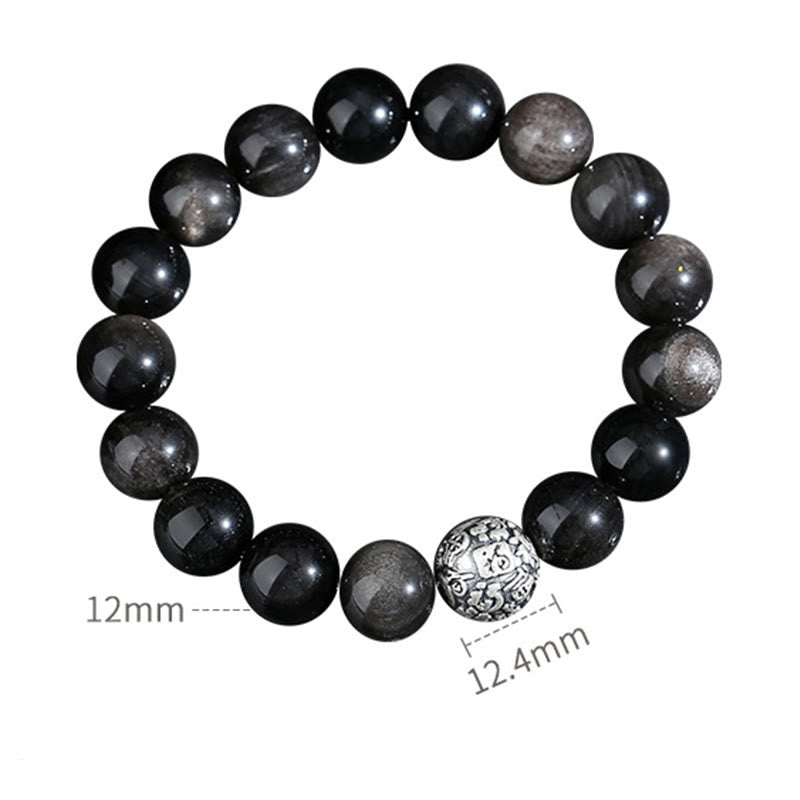 Buddha Stones Black Obsidian 999 Sterling Silver Purification Fu Character Transformation Bracelet