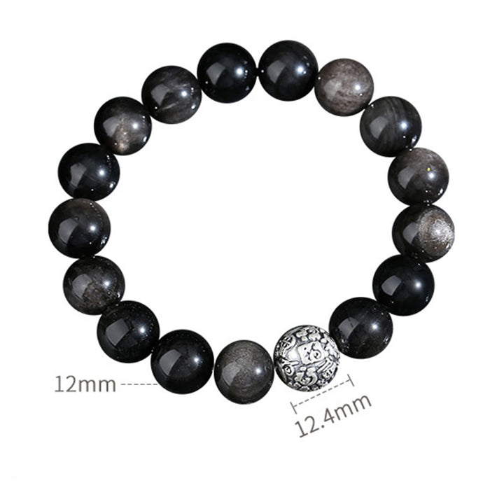 Buddha Stones Black Obsidian 999 Sterling Silver Purification Fu Character Transformation Bracelet - image 9