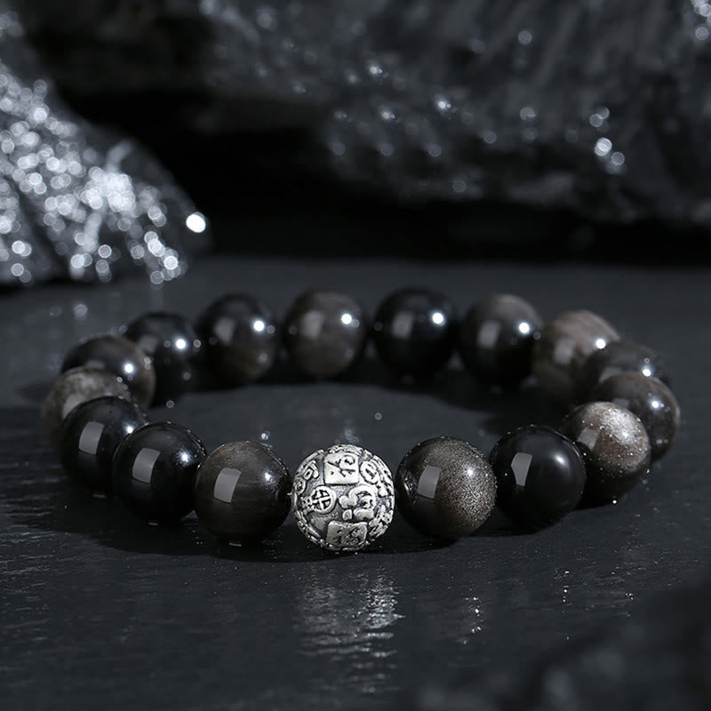 Buddha Stones Black Obsidian 999 Sterling Silver Purification Fu Character Transformation Bracelet - Black Obsidian 999 Sterling Silver(Wrist Circumference: 14-16.5cm) - image 0
