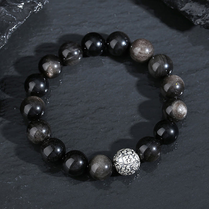 Buddha Stones Black Obsidian 999 Sterling Silver Purification Fu Character Transformation Bracelet