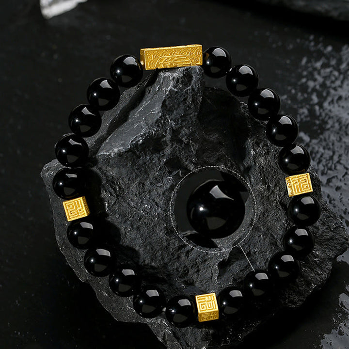 Buddha Stones Black Obsidian 925 Sterling Silver Fu Character Cube Strength Bracelet