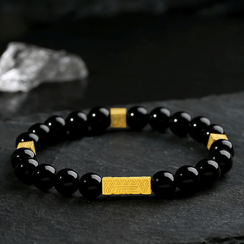 Buddha Stones Black Obsidian 925 Sterling Silver Fu Character Cube Strength Bracelet - image 1