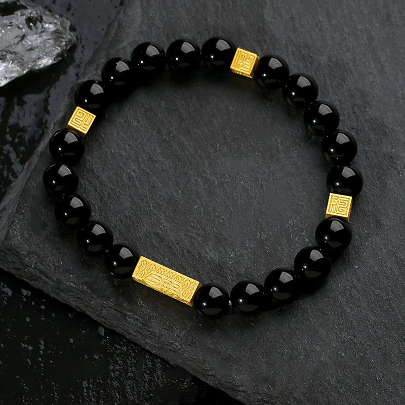 Buddha Stones Black Obsidian 925 Sterling Silver Fu Character Cube Strength Bracelet - Black Obsidian Golden(Wrist Circumference: 17-19cm) - image 0