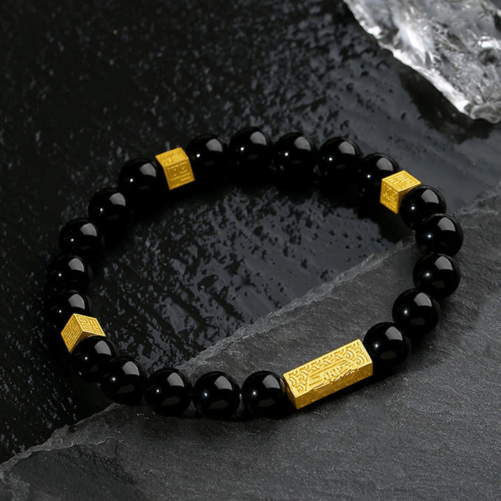 Buddha Stones Black Obsidian 925 Sterling Silver Fu Character Cube Strength Bracelet - image 3