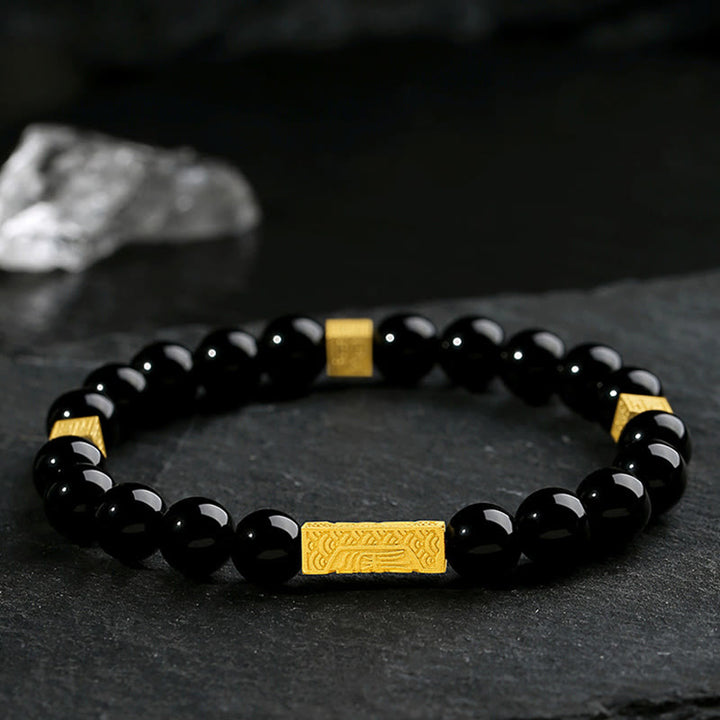 Buddha Stones Black Obsidian 925 Sterling Silver Fu Character Cube Strength Bracelet