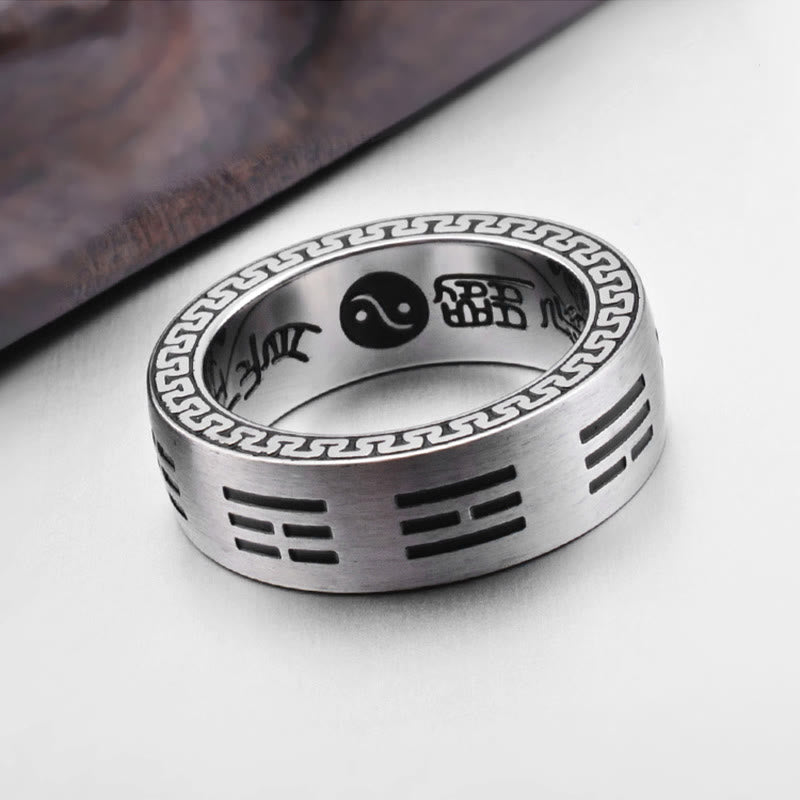 Buddha Stones Bagua Yin Yang Taoist Nine-Character Mantra Titanium Steel Harmony Ring