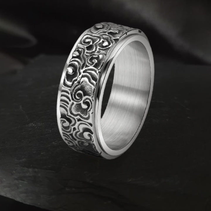 Buddha Stones Auspicious Clouds Pattern Carved Titanium Steel Balance Rotatable Ring