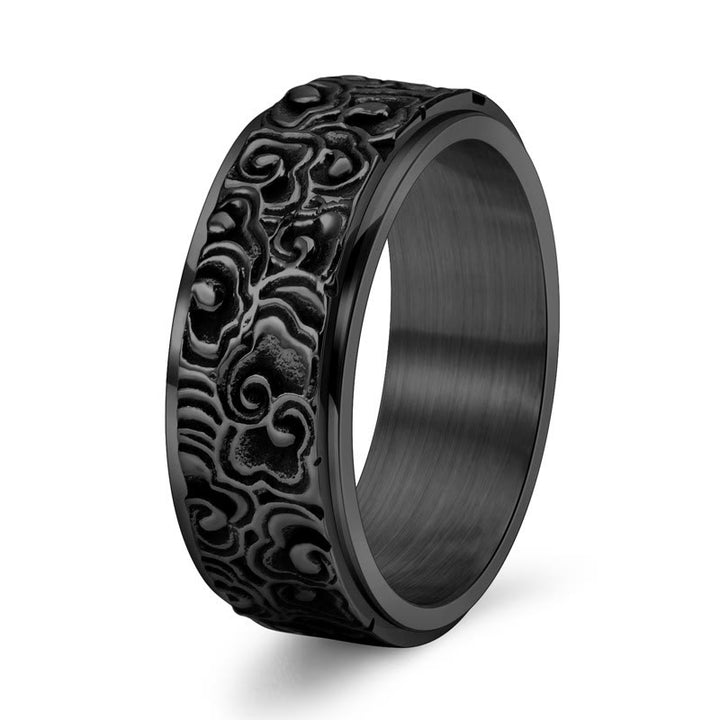 Buddha Stones Auspicious Clouds Pattern Carved Titanium Steel Balance Rotatable Ring