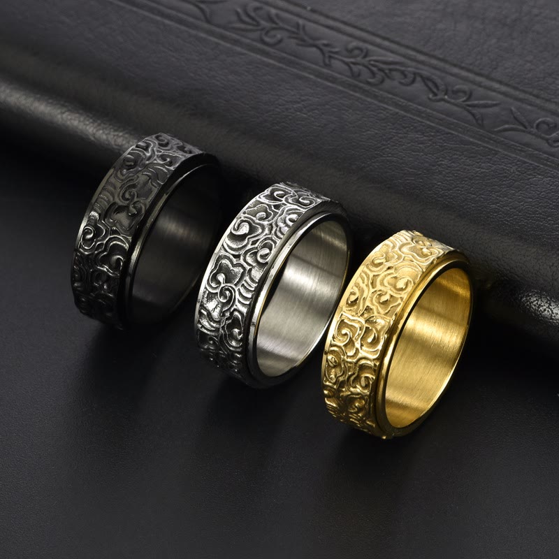 Buddha Stones Auspicious Clouds Pattern Carved Titanium Steel Balance Rotatable Ring