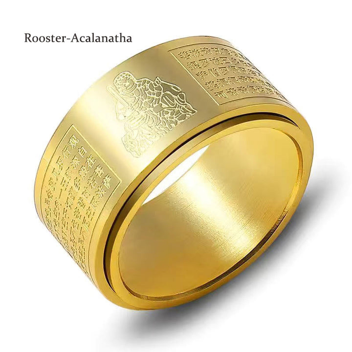 Buddha Stones Chinese Zodiac Natal Buddha Heart Sutra Carved Titanium Steel Calm Rotatable Ring