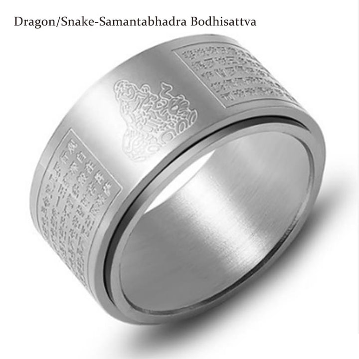 Buddha Stones Chinese Zodiac Natal Buddha Heart Sutra Carved Titanium Steel Calm Rotatable Ring