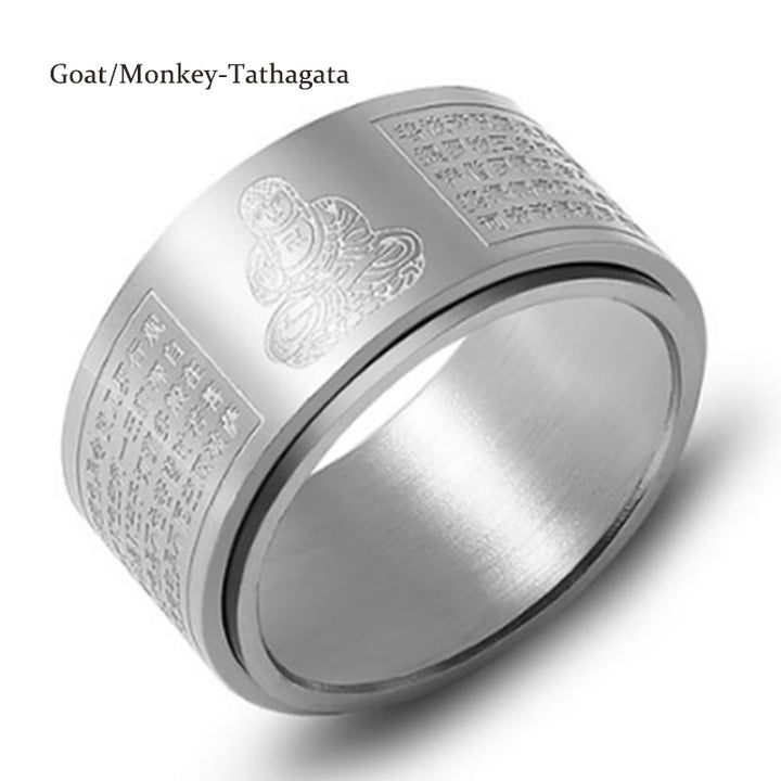 Buddha Stones Chinese Zodiac Natal Buddha Heart Sutra Carved Titanium Steel Calm Rotatable Ring