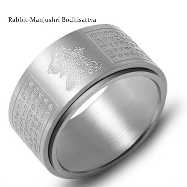 Buddha Stones Chinese Zodiac Natal Buddha Heart Sutra Carved Titanium Steel Calm Rotatable Ring