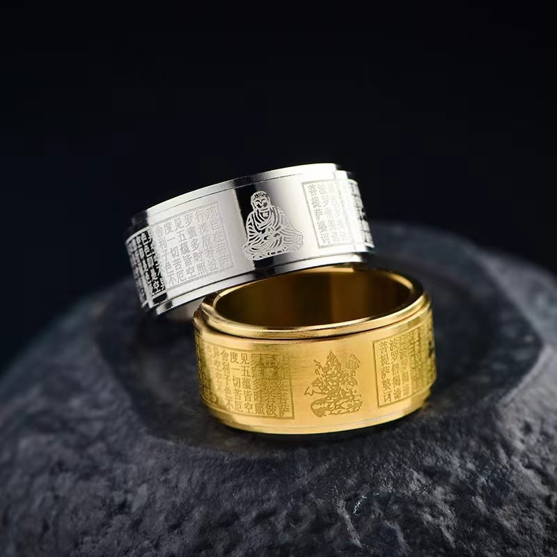 Buddha Stones Chinese Zodiac Natal Buddha Heart Sutra Carved Titanium Steel Calm Rotatable Ring