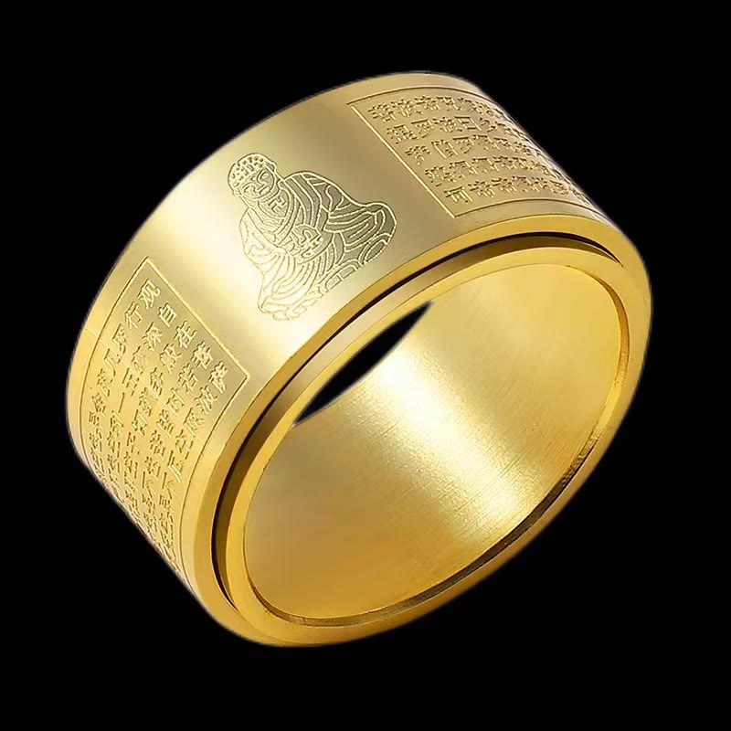 Buddha Stones Chinese Zodiac Natal Buddha Heart Sutra Carved Titanium Steel Calm Rotatable Ring