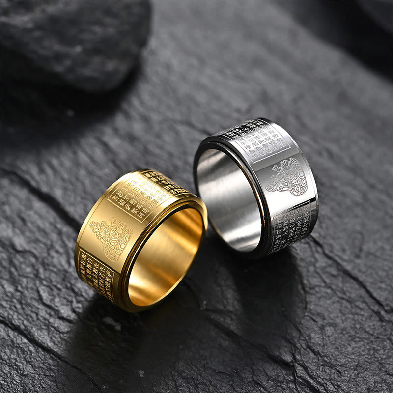 Buddha Stones Chinese Zodiac Natal Buddha Heart Sutra Carved Titanium Steel Calm Rotatable Ring