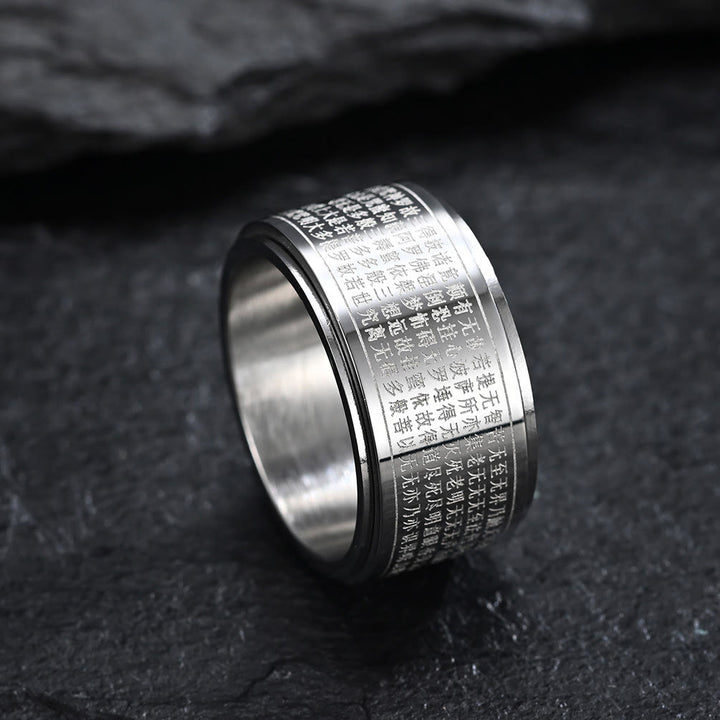 Buddha Stones Chinese Zodiac Natal Buddha Heart Sutra Carved Titanium Steel Calm Rotatable Ring