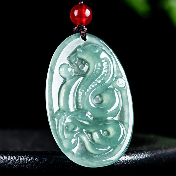 Buddha Stones Natural Jade Oval Year Of The Snake Luck Necklace Pendant