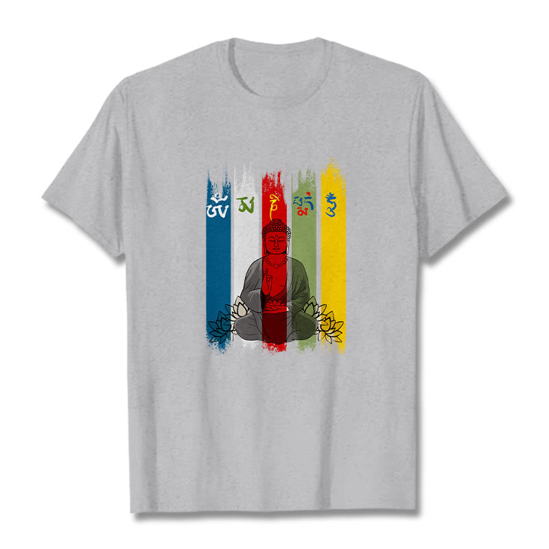 Buddha Stones Six True Words 'Om Mani Padme Hum' Buddha Sitting With Lotus Cotton Tee T-shirt - LightGrey - 2XL - image 0