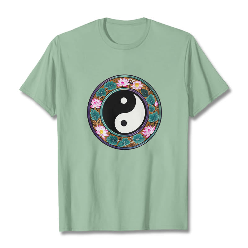 Buddha Stones Yin Yang Lotus Leaves Cotton Tee T-shirt - PaleGreen - 2XL - image 1