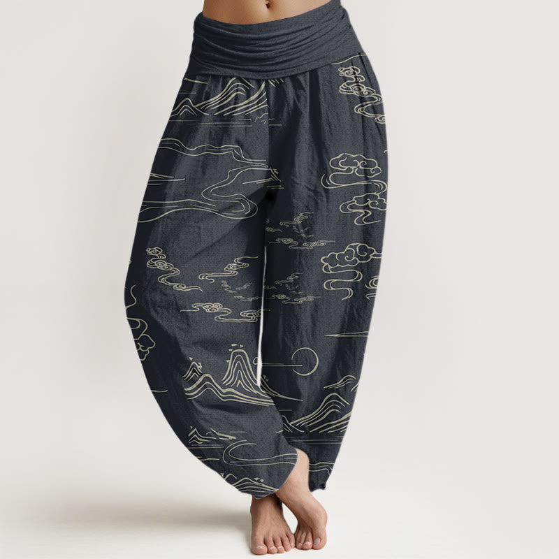 Buddha Stones Mountain Moon Auspicious Clouds Pattern Women's Elastic Waist Harem Pants - LightSlateGray - US22，UK/AU26，EU54 (6XL) - image 1