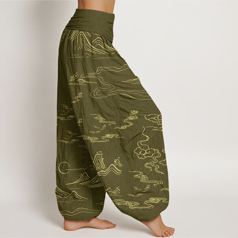 Buddha Stones Mountain Moon Auspicious Clouds Pattern Women's Elastic Waist Harem Pants