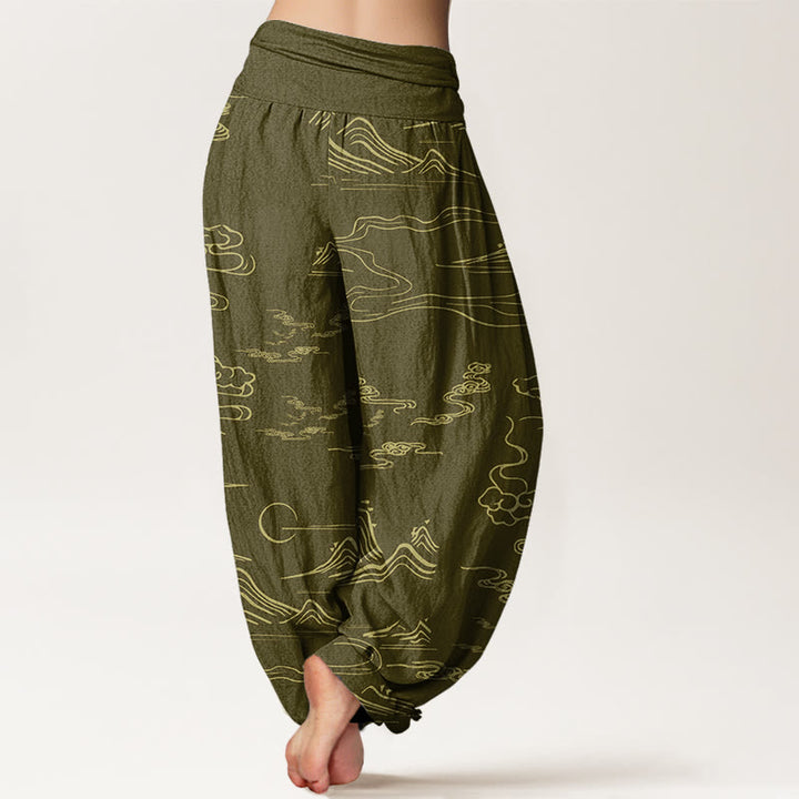 Buddha Stones Mountain Moon Auspicious Clouds Pattern Women's Elastic Waist Harem Pants