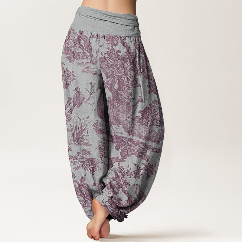 Buddha Stones Cotton Birds Trees Branches Pattern Women's Elastic Waist Harem Pants - image 6