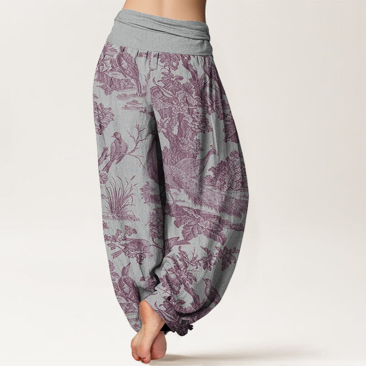 Buddha Stones Cotton Birds Trees Branches Pattern Women's Elastic Waist Harem Pants - image 6