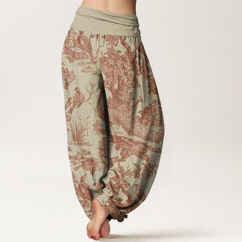 Buddha Stones Cotton Birds Trees Branches Pattern Women's Elastic Waist Harem Pants - image 1