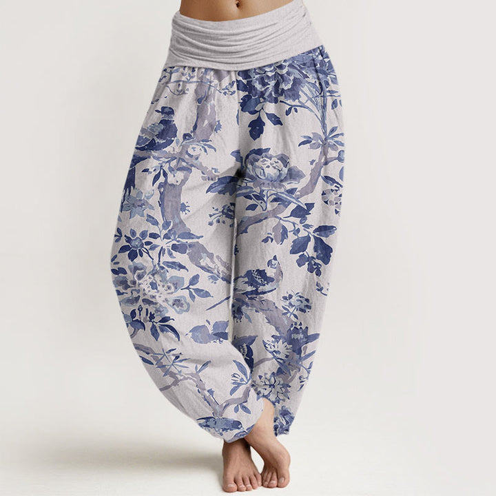 Buddha Stones Cotton Birds Branches Flowers Pattern Women's Elastic Waist Harem Pants - Gainsboro - US22，UK/AU26，EU54 (6XL) - image 5