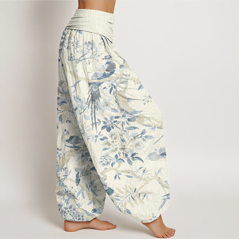 Buddha Stones Birds Branches Flowers Pattern Women's Elastic Waist Harem Pants