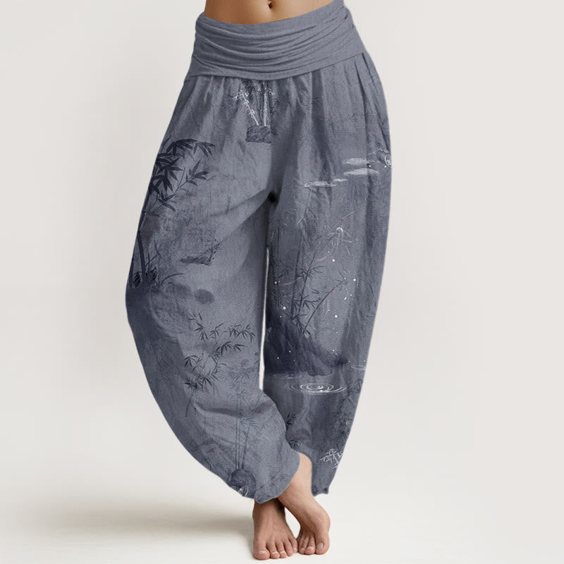 Buddha Stones Casual Bamboo Rock Ink Painting Women's Elastic Waist Harem Pants - SlateGray - US22，UK/AU26，EU54 (6XL) - image 0