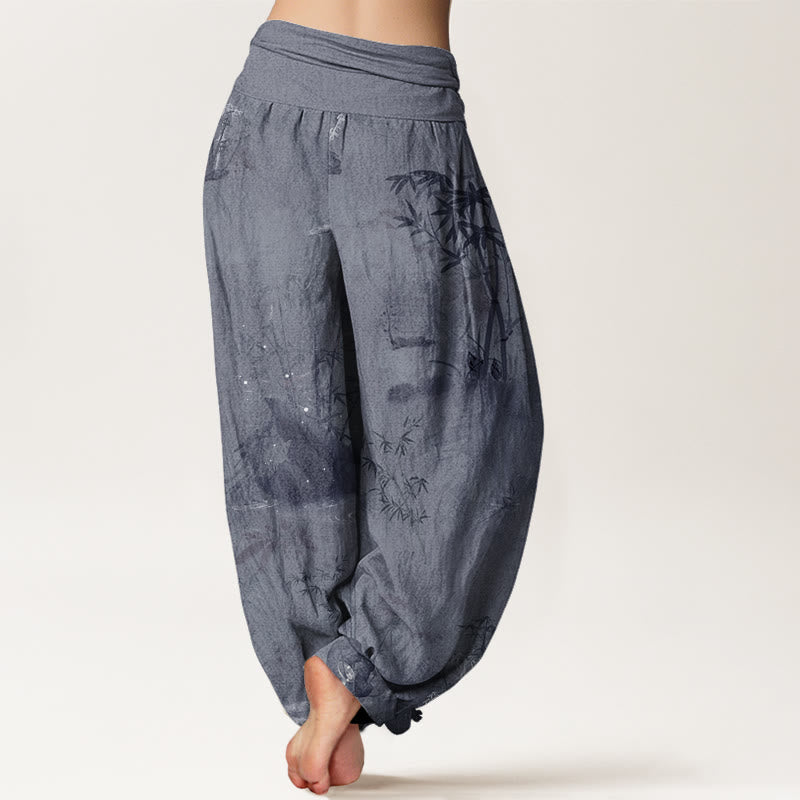 Buddha Stones Casual Bamboo Rock Ink Painting Women's Elastic Waist Harem Pants - image 2