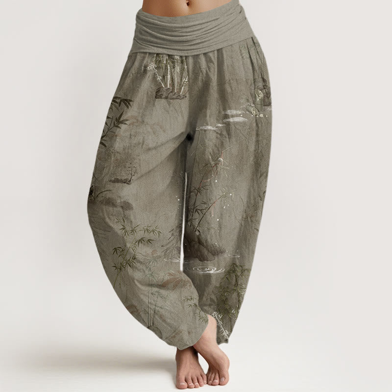 Buddha Stones Casual Bamboo Rock Ink Painting Women's Elastic Waist Harem Pants - Tan - US22，UK/AU26，EU54 (6XL) - image 4