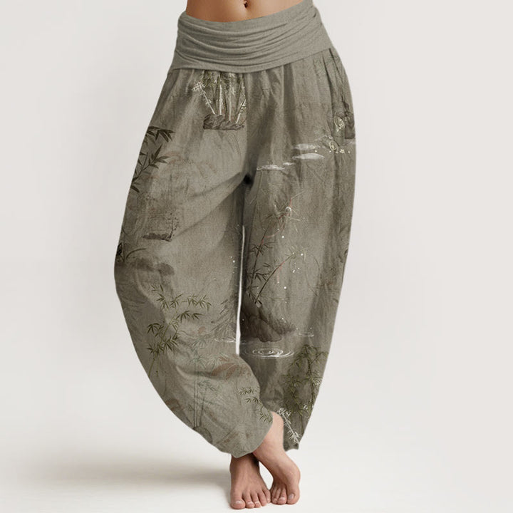 Buddha Stones Casual Bamboo Rock Ink Painting Women's Elastic Waist Harem Pants - Tan - US22，UK/AU26，EU54 (6XL) - image 4