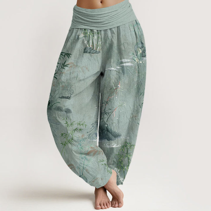 Buddha Stones Casual Bamboo Rock Ink Painting Women's Elastic Waist Harem Pants - DarkSeaGreen - US22，UK/AU26，EU54 (6XL) - image 7