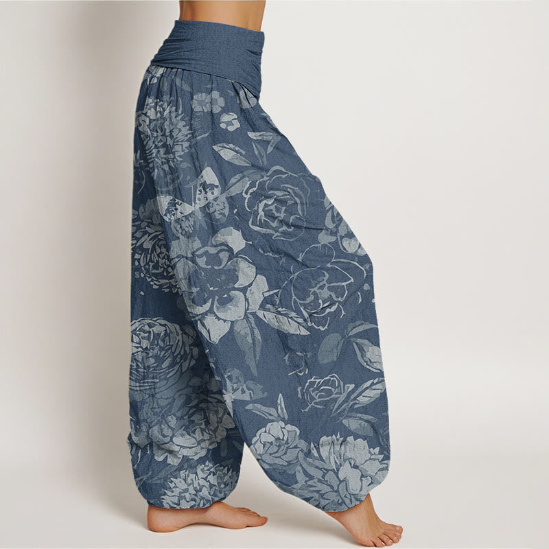 Buddha Stones Casual Peony Flowers Leaves Women's Elastic Waist Harem Pants