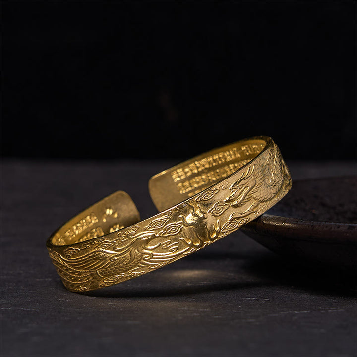 Buddha Stones Dragon And Phoenix Playing With A Pearl Heart Sutra Carved Copper Brass Luck Bracelet Bangle - Polished(Wrist Circumference: 14-18cm) - image 8