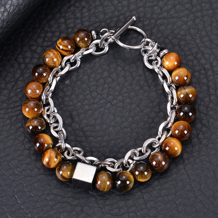 Buddha Stones Colorful Tiger Eye Frosted Stone Black Magnetite Titanium Steel Double Wrap Protection Bracelet