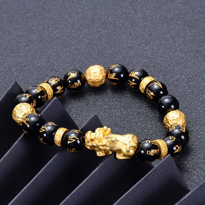 Buddha Stones Black Obsidian Black Onyx Alloy PiXiu Om Mani Padme Hum Strength Bracelet