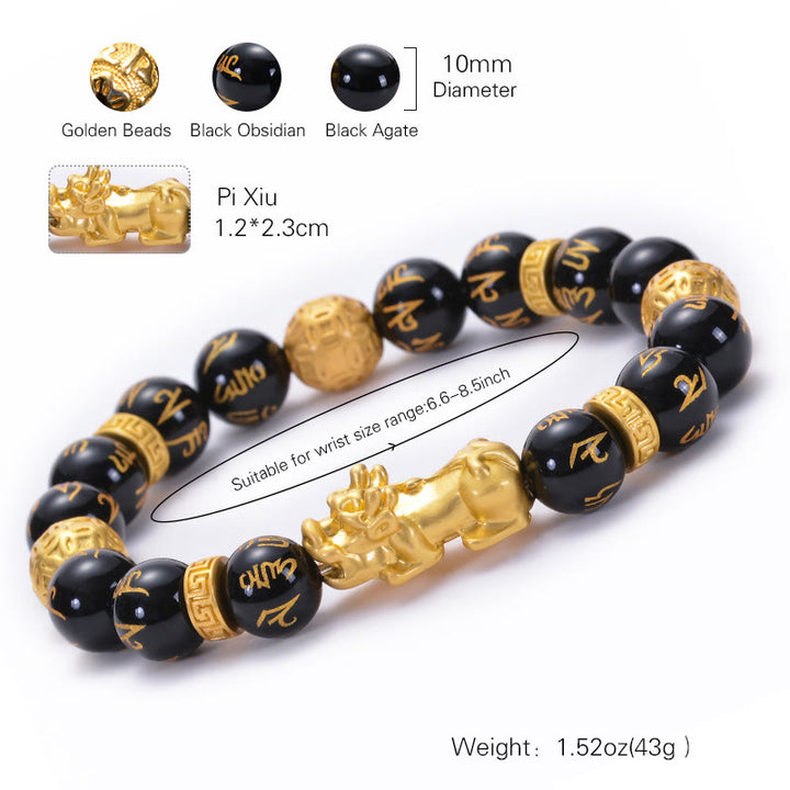 Buddha Stones Black Obsidian Black Onyx Alloy PiXiu Om Mani Padme Hum Strength Bracelet