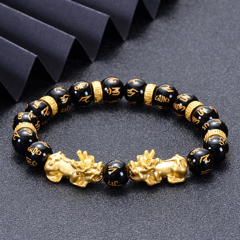 Buddha Stones Black Obsidian Black Onyx Golden Alloy Two PiXiu Om Mani Padme Hum Strength Bracelet