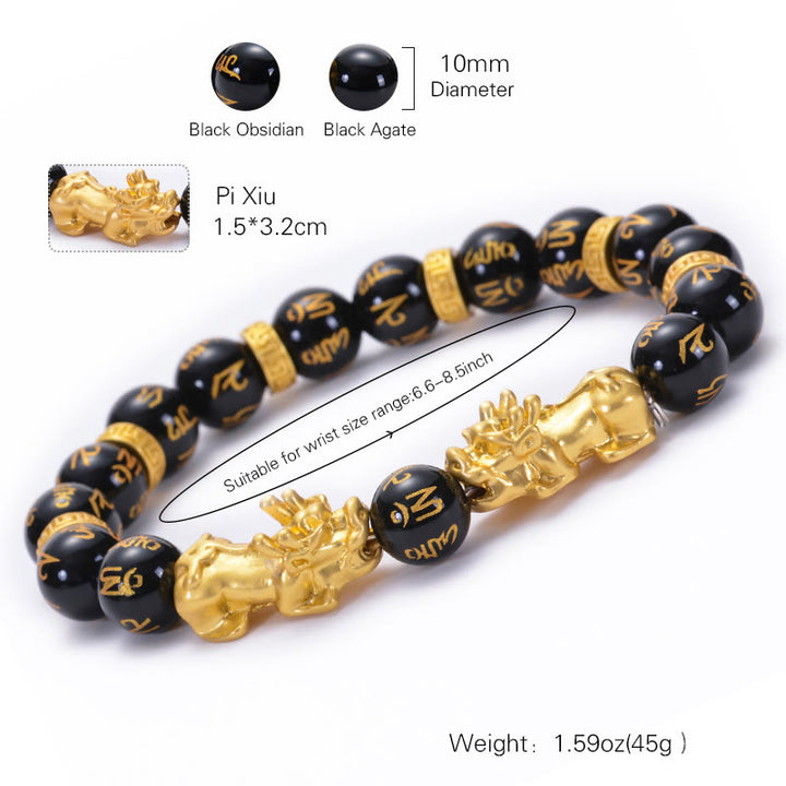 Buddha Stones Black Obsidian Black Onyx Golden Alloy Two PiXiu Om Mani Padme Hum Strength Bracelet