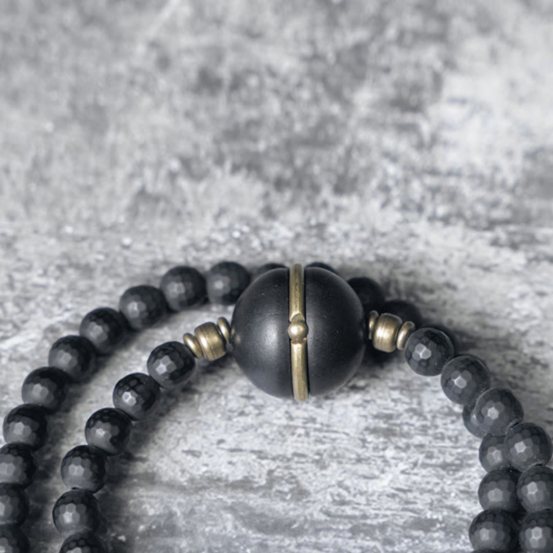 Buddha Stones Frosted Cut Surface Black Onyx Ebony Beads Double Wrap Protection Bracelet