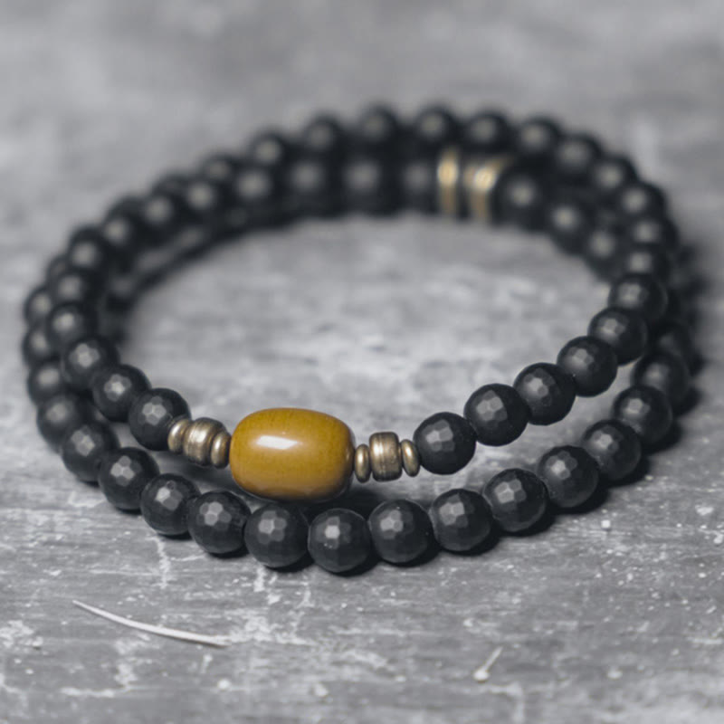 Buddha Stones Frosted Cut Surface Black Onyx Topaz Beads Double Wrap Protection Bracelet