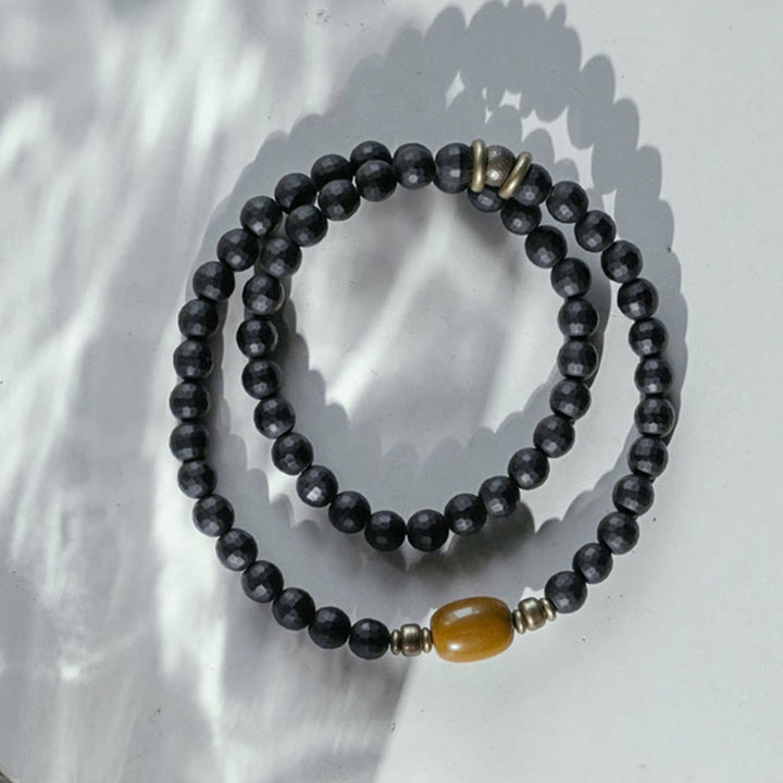 Buddha Stones Frosted Cut Surface Black Onyx Topaz Beads Double Wrap Protection Bracelet