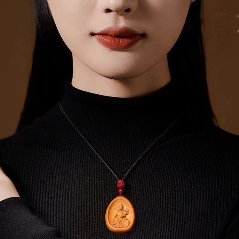 Buddha Stones Peach Wood Cinnabar Om Mani Padme Hum Chinese Zodiac Black String Necklace Pendants