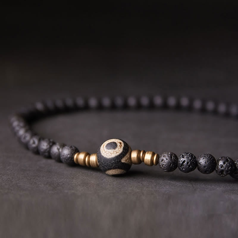 Buddha Stones Vintage Lava Rock Three-eyed Dzi Bead Copper Brass Beads Double Wrap Healing Bracelet