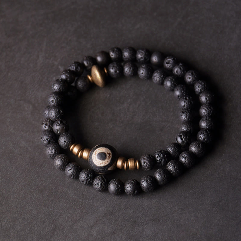 Buddha Stones Vintage Lava Rock Three-eyed Dzi Bead Copper Brass Beads Double Wrap Healing Bracelet